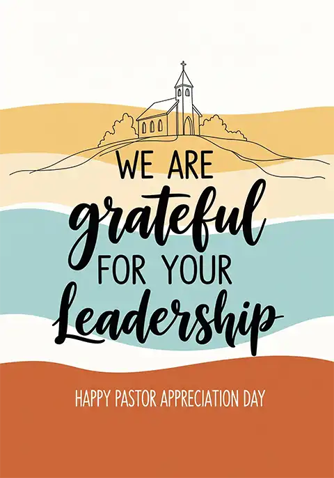A pastor appreciation card with the words “Grateful for your leadership” over a background of abstract blue, gold, and brown wavy shapes.