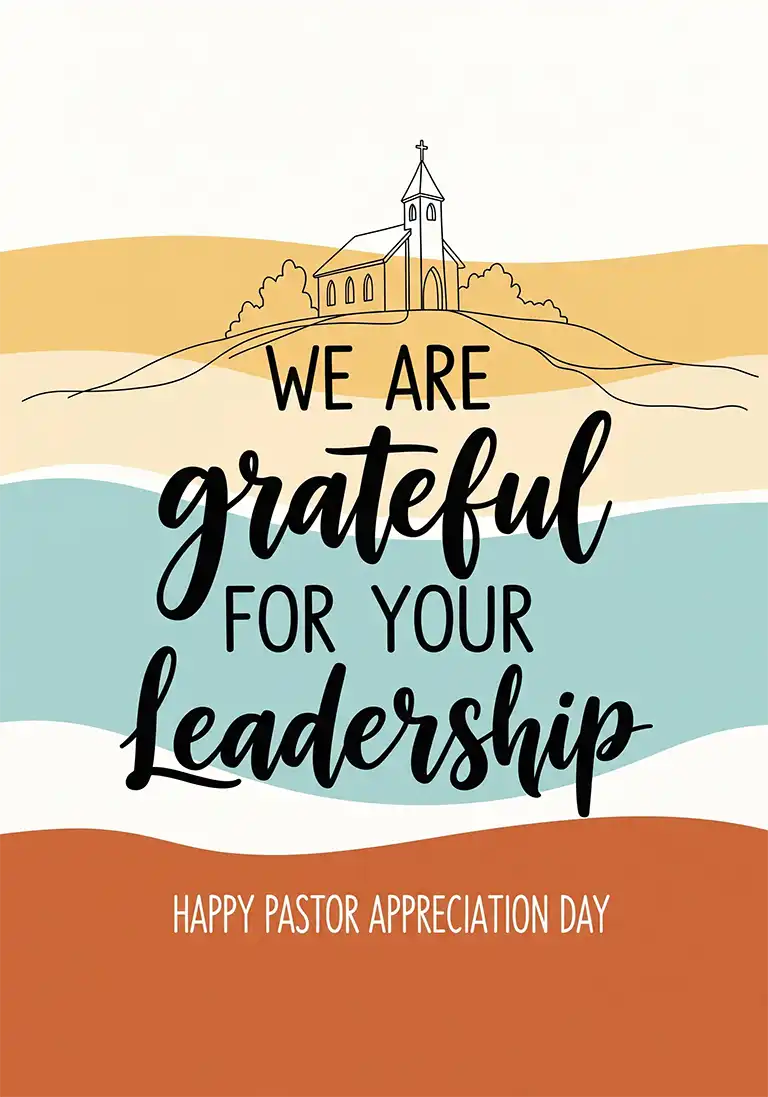 A pastor appreciation card with the words “Grateful for your leadership” over a background of abstract blue, gold, and brown wavy shapes.
