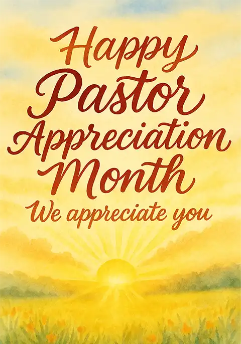 A Pastor Appreciation Month card featuring a beautiful sunrise over mountains with the text “Happy Pastor Appreciation Month”.