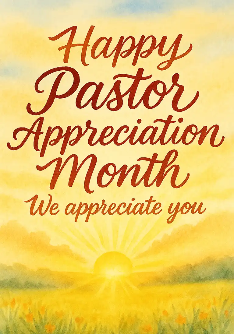 A Pastor Appreciation Month card featuring a beautiful sunrise over mountains with the text “Happy Pastor Appreciation Month”.