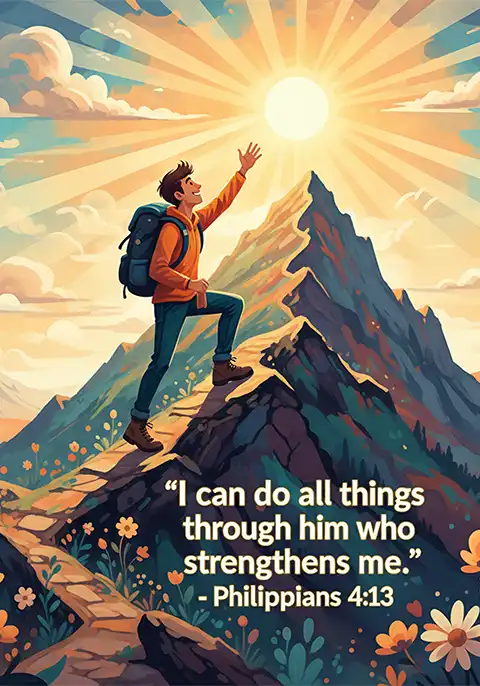 A Christian card depicting a man climbing a mountain, and featuring the famous verse Philippians 4:13, “I can do all things through Christ who strengthens me.”