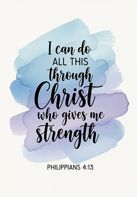 Scripture verse card featuring beautiful lettering design of the Bible verse Philippians 4:13 written against a pastel watercolor background.