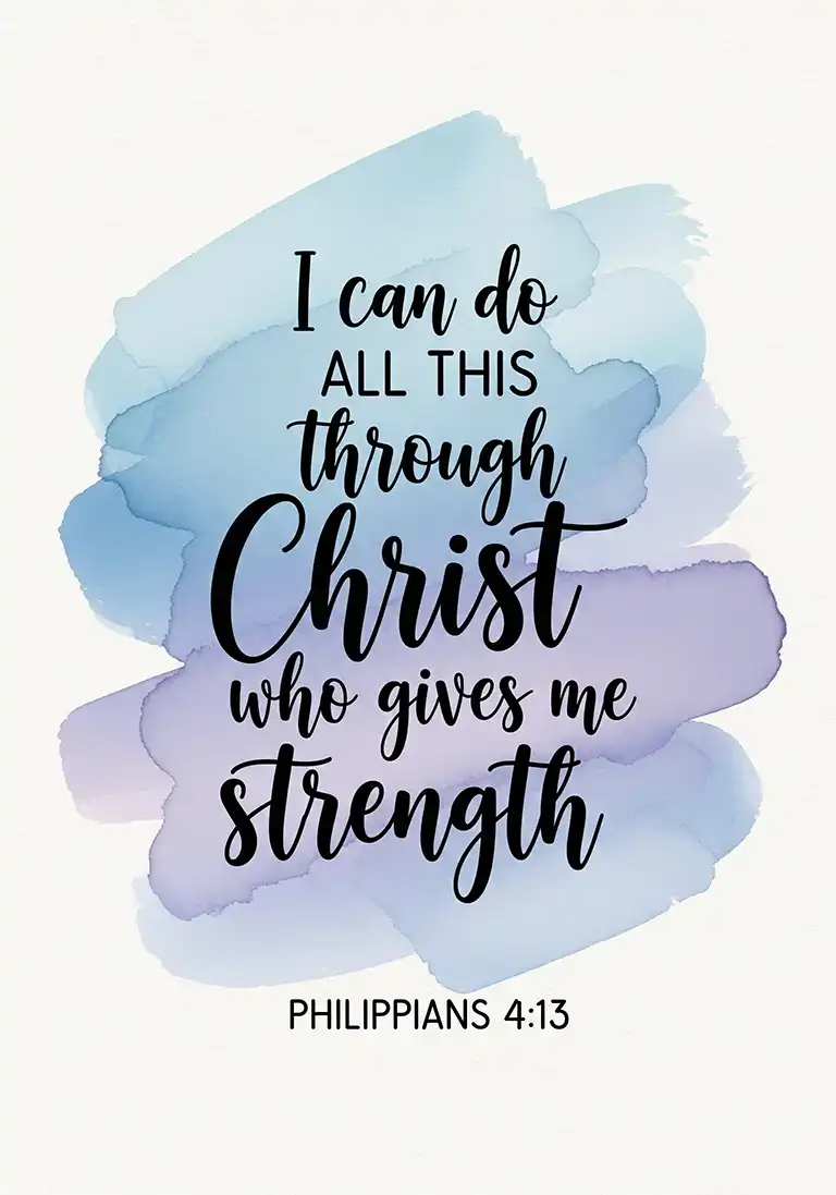 Scripture verse card featuring beautiful lettering design of the Bible verse Philippians 4:13 written against a pastel watercolor background.