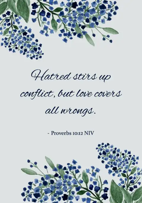 Proverbs 10:12 scripture surrounded by hanging blue lilacs