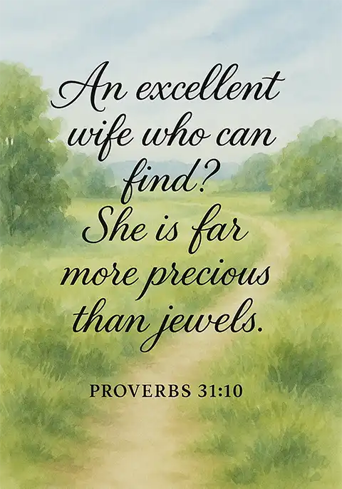 A Christian scripture card with the Bible verse from Proverbs 31:10, “An excellent wife, who can find? She is far more precious than jewels,” against a background showing a path cutting across a grassy meadow.