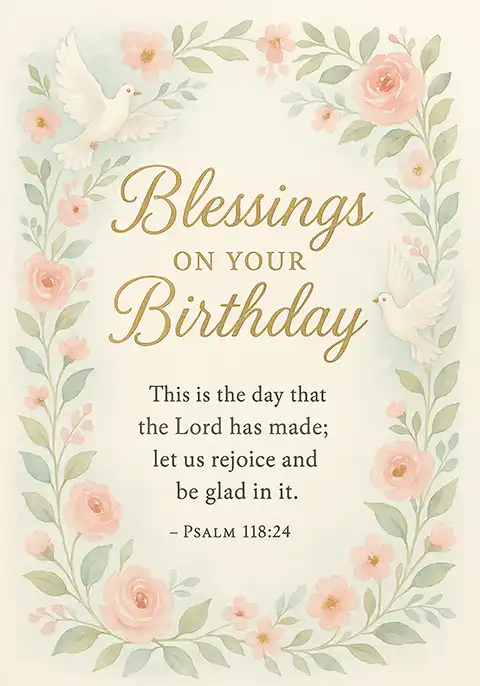 A Christian birthday card featuring the Bible verse Psalm 118:24, “This is the day the Lord has made; let us rejoice and be glad in it.”