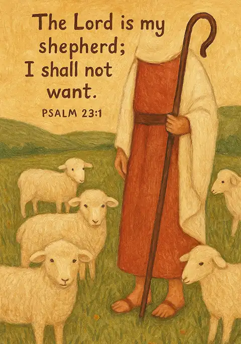 A scripture card with the Bible verse “The Lord is my shepherd; I shall not want. Psalm 23:1” over a peaceful painting of sheep grazing in a sunlit pasture.