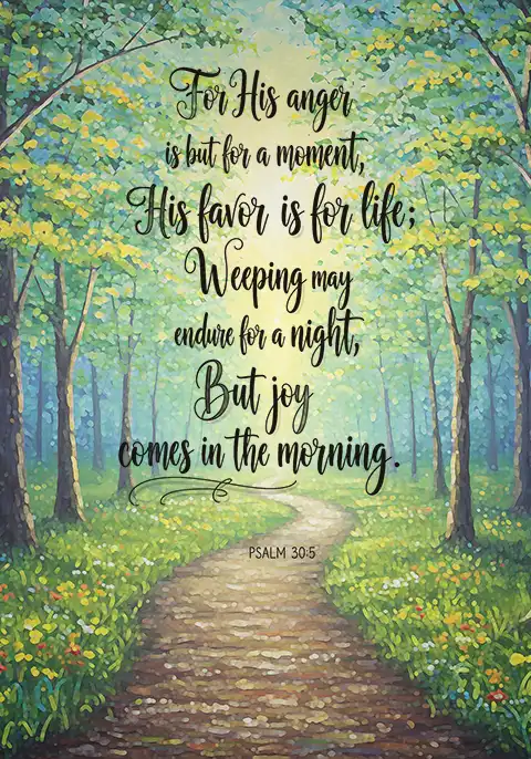 A Bible verse card featuring Psalm 30:5 with the words “Weeping may last for the night, but joy comes in the morning” in handwritten, calligraphic type against a background image of light peeking through a forest path.