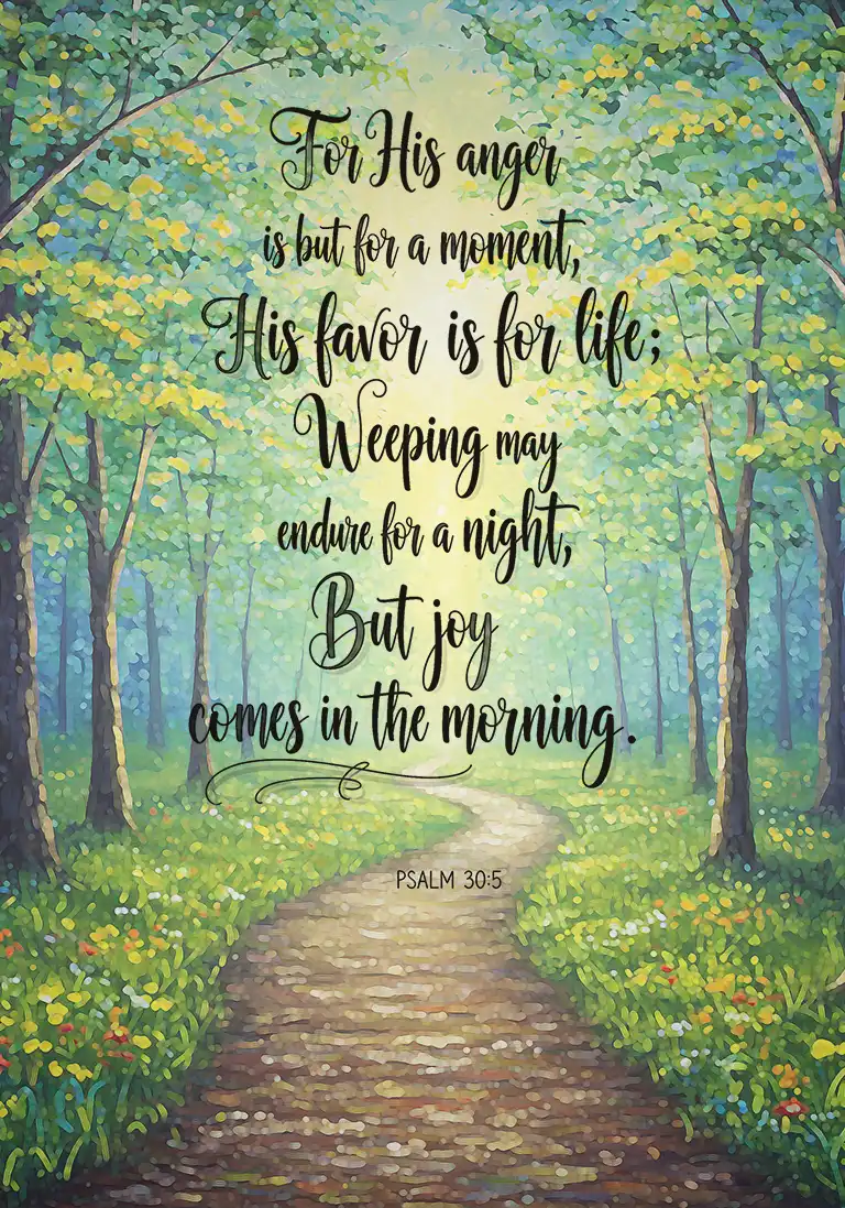 A Bible verse card featuring Psalm 30:5 with the words “Weeping may last for the night, but joy comes in the morning” in handwritten, calligraphic type against a background image of light peeking through a forest path.