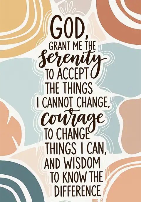 A Christian card featuring the full Serenity Prayer over a peaceful, abstract neutral color background.