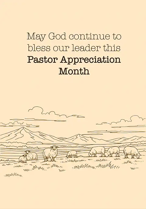 A pastor appreciation card depicting a peaceful meadow with a flock of sheep, symbolizing a pastor’s care for their congregation.