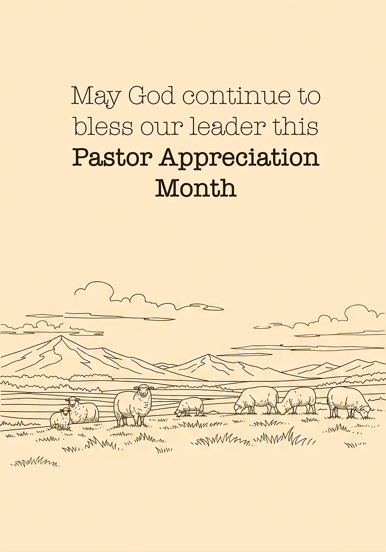 A pastor appreciation card depicting a peaceful meadow with a flock of sheep, symbolizing a pastor’s care for their congregation.