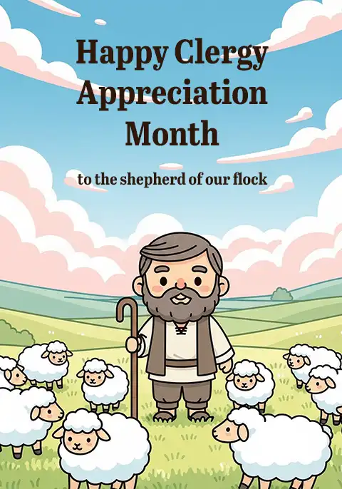 A clergy appreciation card showing a kawaii-style shepherd watching over his flock of sheep.