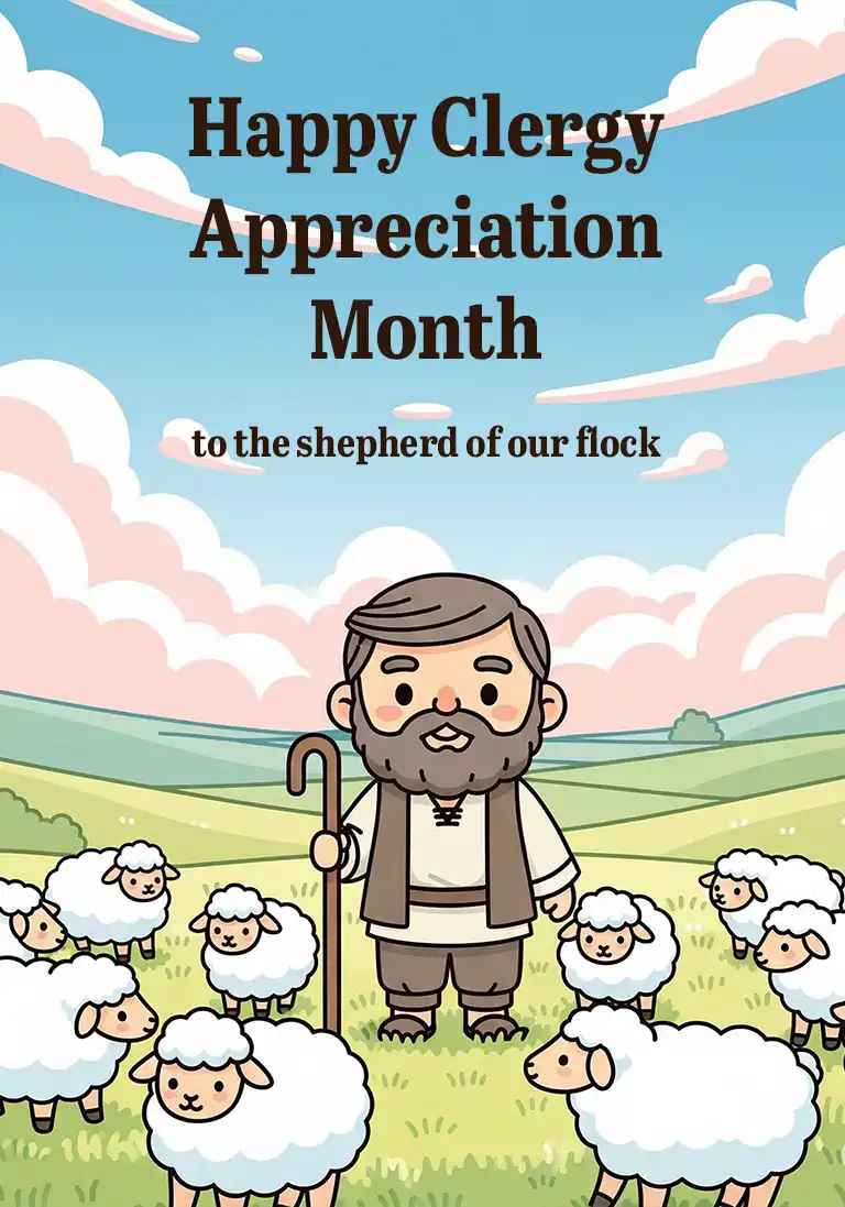 A clergy appreciation card showing a kawaii-style shepherd watching over his flock of sheep.